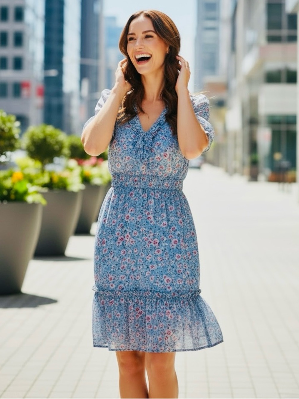 Allison & Kelly Blue Floral V-Neck Tiered Mini New Dress Size Small